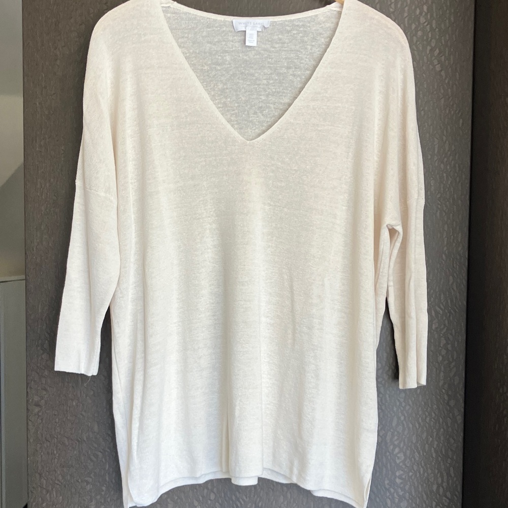 The White Company Bone Linen Blend V-Neck Long Sweater Women’s Size Large GUC